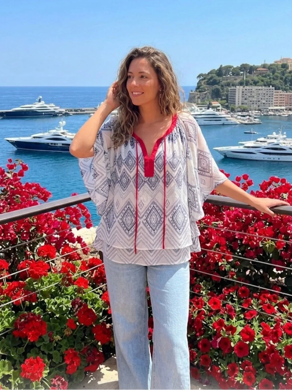 🧩ARIAT Boho Printed Peasant Top bell sleeve with Red Trim size M GUC